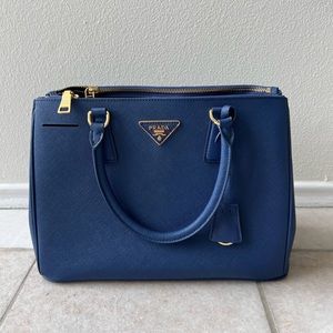 Authentic Prada Blue Saffiano Leather Large Double Zip Tote
